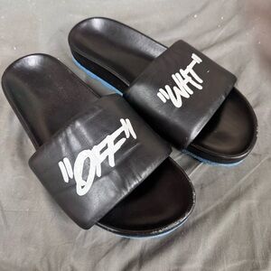 Off-White "Quotes" leather slide sandals in black with a blue sole size 40 EU 7